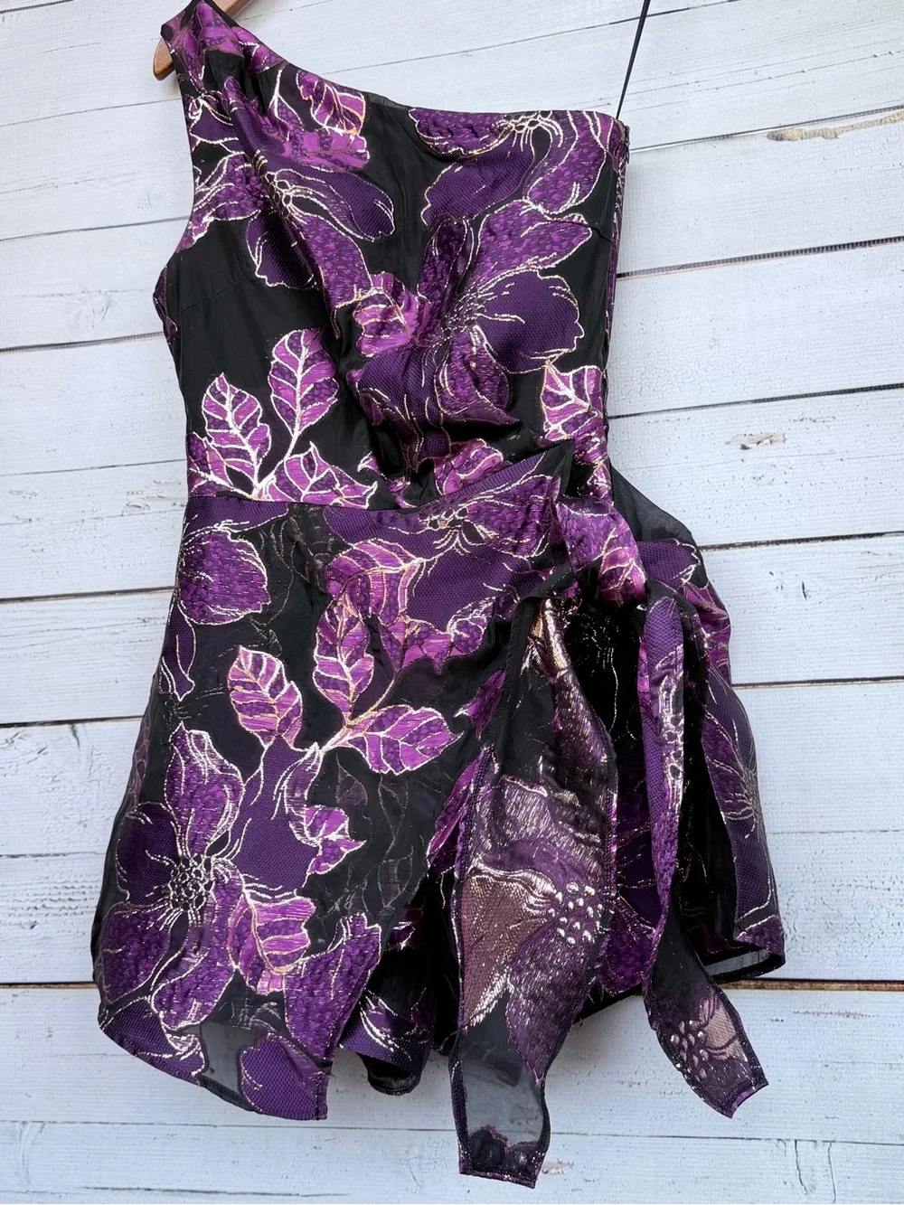 CIEBON Purple Metallic Floral Brocade One Shoulder Romper Bow Dress - Size XS